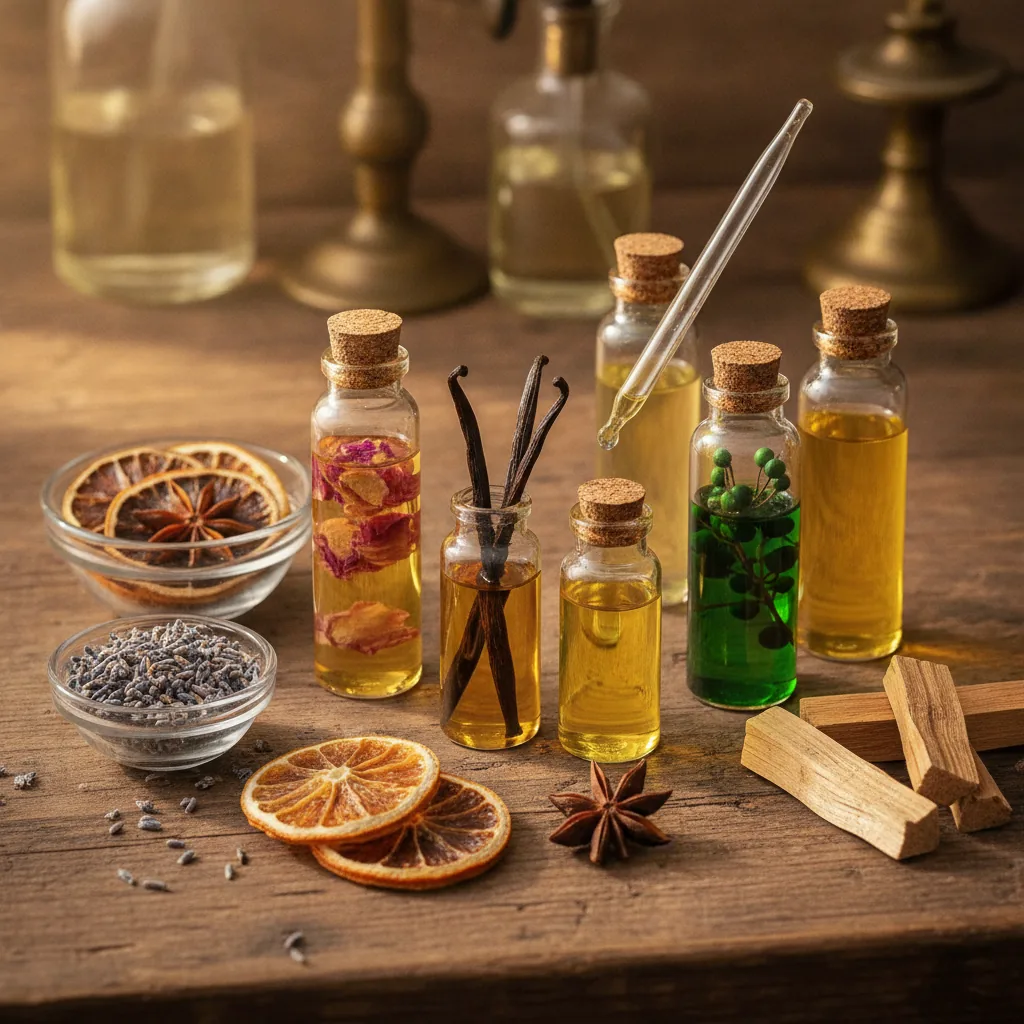 Close-up photo of premium fragrance oils and botanical