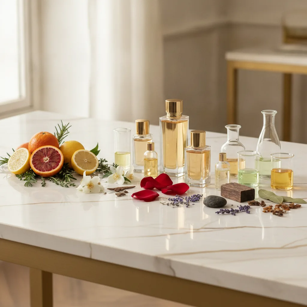 Premium fragrance ingredients arranged elegantly on a clean