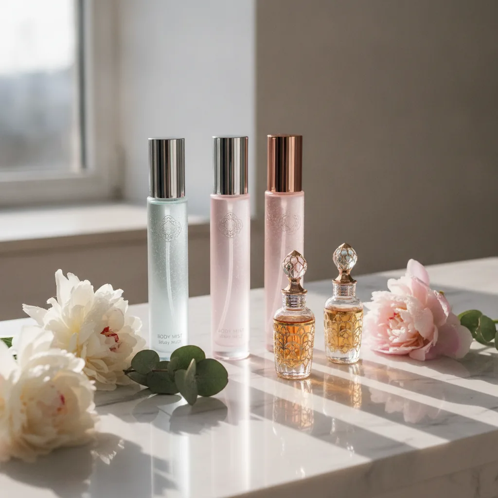 real photo of body mist and attar bottles