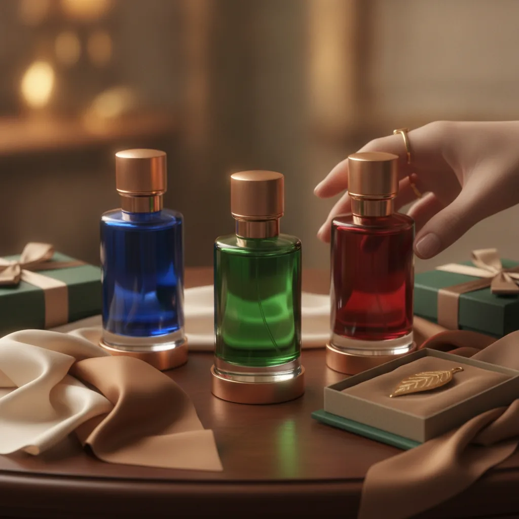 Luxurious modern fragrance editorial, sensuous and giftable mood,