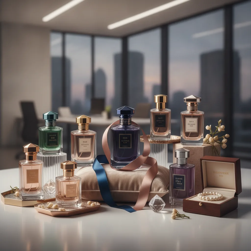 Luxurious modern fragrance editorial, sensuous and giftable mood,