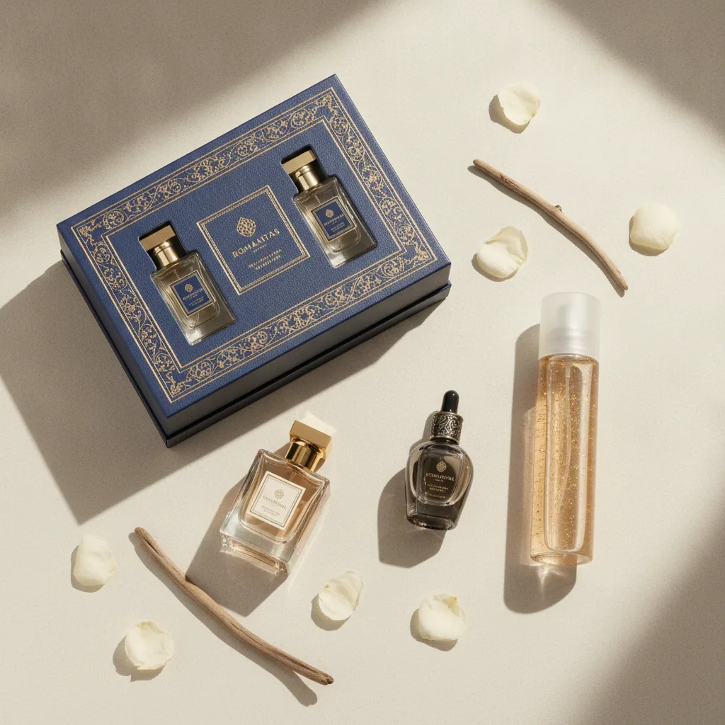 luxury perfume flat lay with elegant Roamantas-style fragrance