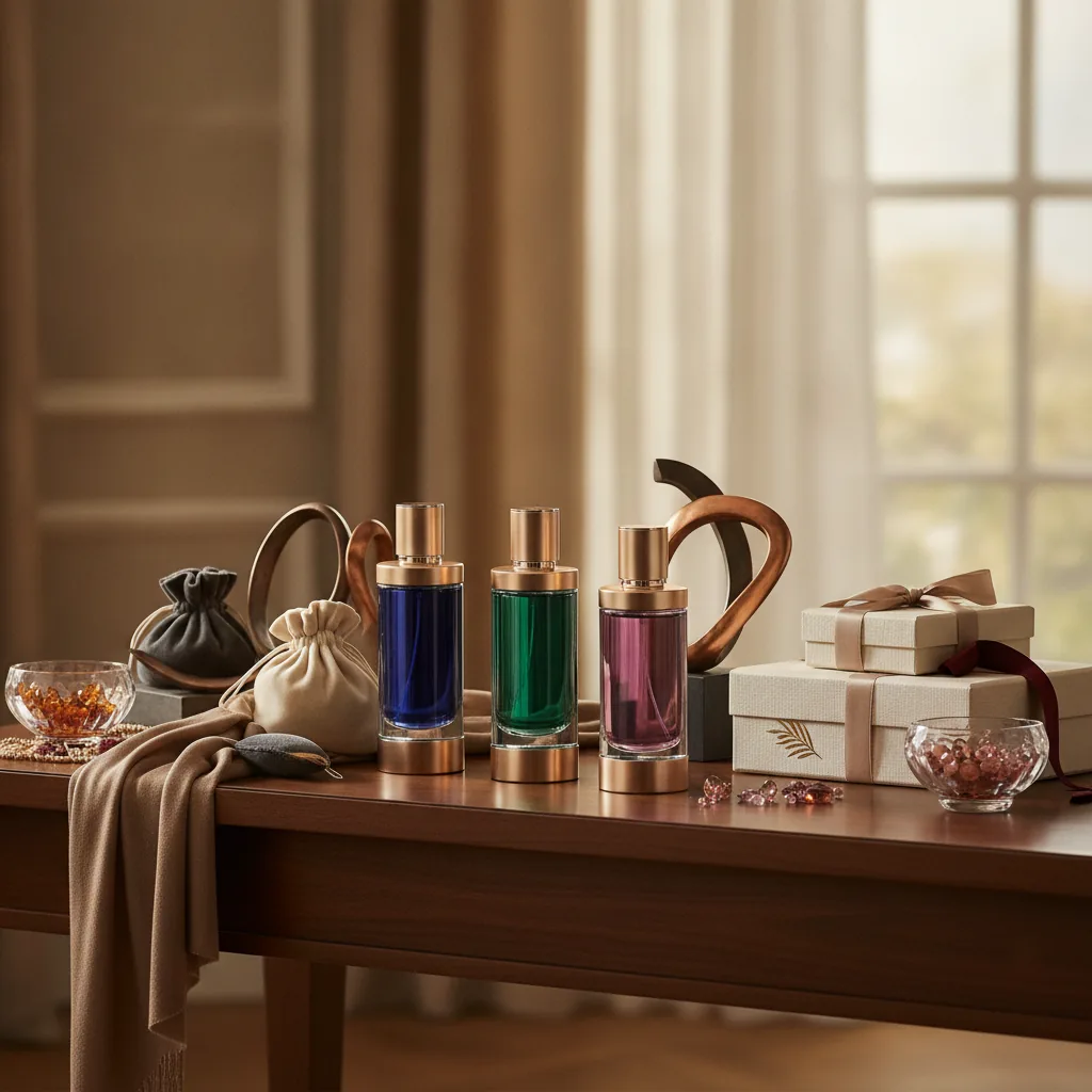 Luxurious modern fragrance editorial, sensuous and giftable mood,