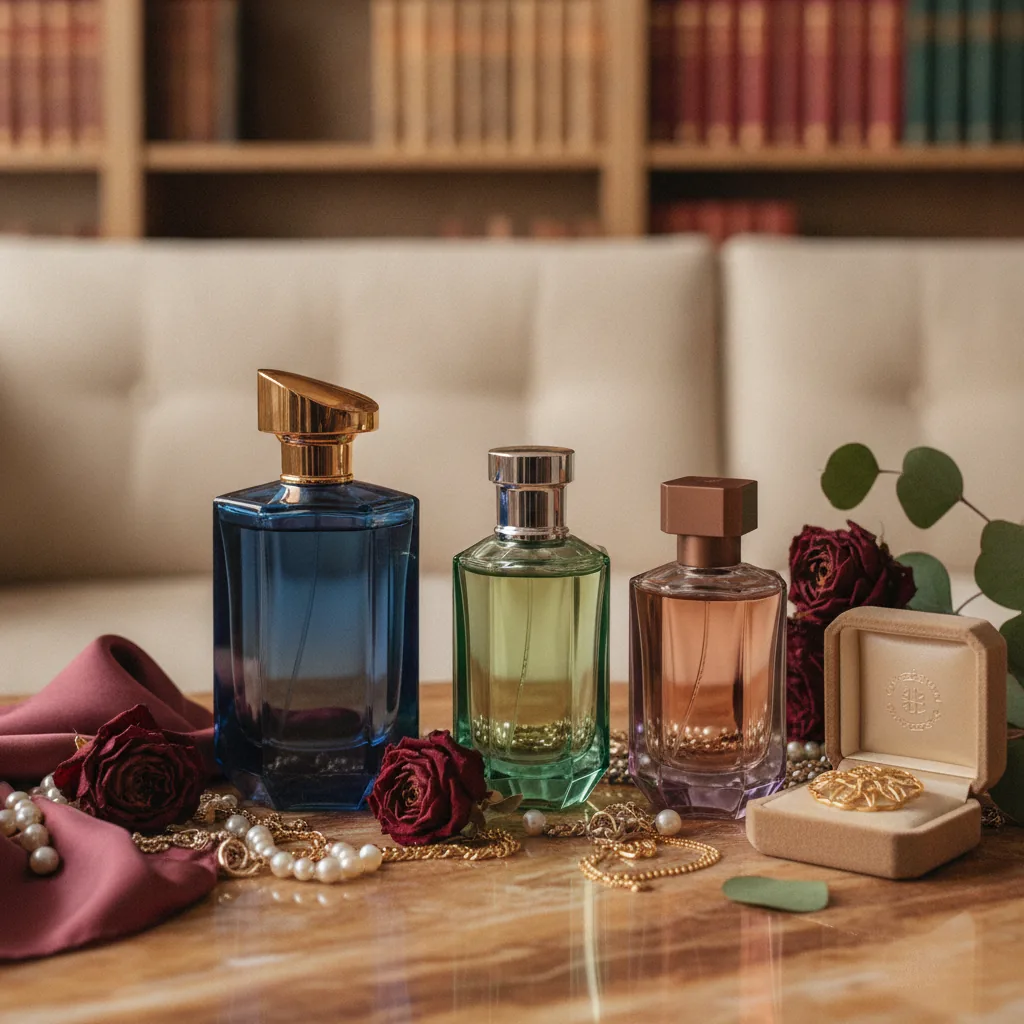 Luxurious modern fragrance editorial, sensuous and giftable mood,