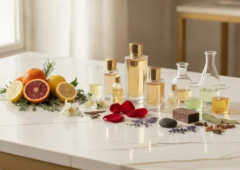 Premium fragrance ingredients arranged elegantly on a clean