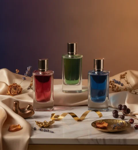 Luxurious modern fragrance editorial, sensuous and giftable mood,