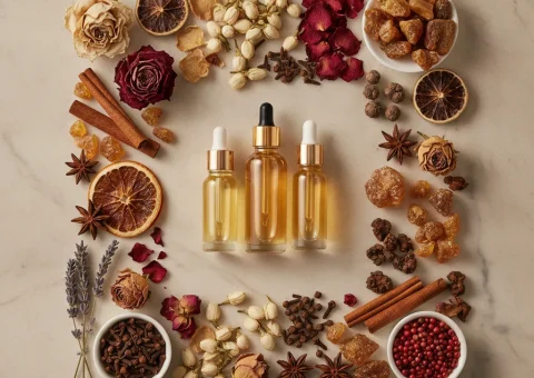 High-end flat lay of perfume raw ingredients with